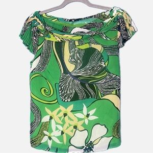 Escada Vintage Silk Blouse Green Abstract Floral Cowl Neck Top Sz 38 Medium